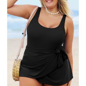 Black Solid Color Square Neck Knotted Plus Size One Piece Swimsuit - 1X - Image 5