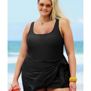 Black Solid Color Square Neck Knotted Plus Size One Piece Swimsuit - 1X - Image 6