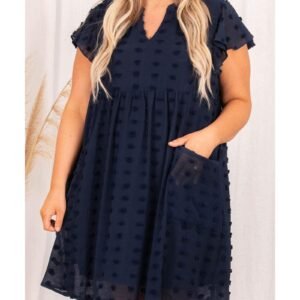 Navy Blue Dotty Textured Notched Neck Plus Ruffled Dress - 3X - Image 1