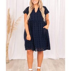 Navy Blue Dotty Textured Notched Neck Plus Ruffled Dress - 3X - Image 5