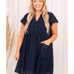 Navy Blue Dotty Textured Notched Neck Plus Ruffled Dress - 3X - Image 6