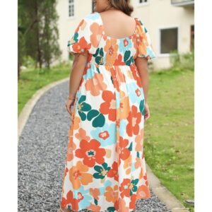 Orange Plus Size Flower Print Shirred Square Neck Maxi Dress - 1X - Image 2