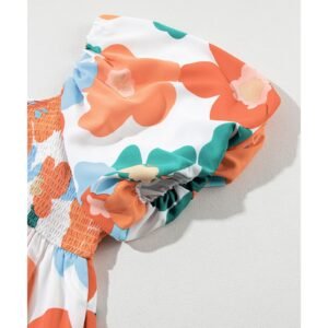 Orange Plus Size Flower Print Shirred Square Neck Maxi Dress - 1X - Image 4