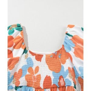 Orange Plus Size Flower Print Shirred Square Neck Maxi Dress - 1X - Image 5