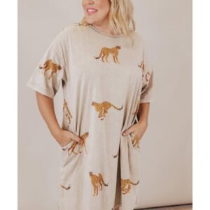 Apricot Plus Size Cheetah Print Side Pockets T Shirt Mini Dress - 3X - Image 4
