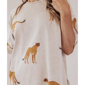 Apricot Plus Size Cheetah Print Side Pockets T Shirt Mini Dress - 3X - Image 5
