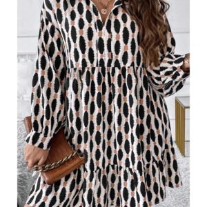 Apricot Geometric Print Collared V Neck Plus Size Mini Dress - 1X - Image 1
