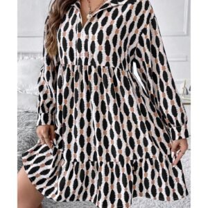 Apricot Geometric Print Collared V Neck Plus Size Mini Dress - 1X - Image 2