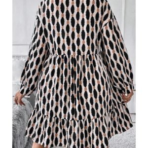 Apricot Geometric Print Collared V Neck Plus Size Mini Dress - 1X - Image 3