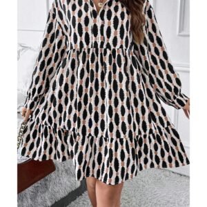 Apricot Geometric Print Collared V Neck Plus Size Mini Dress - 1X - Image 5