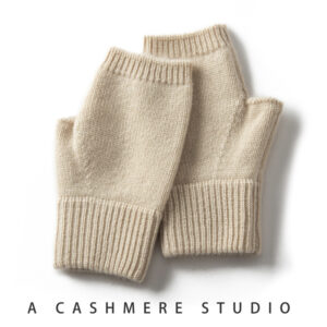 Beige Color Block Cashmere Fingerless Gloves for Women Autumn Winter Outdoor Cold Protection Warm Knitted Gloves - Image 1