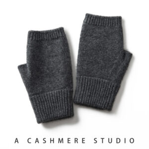 Dark Grey Color Block Cashmere Fingerless Gloves for Women Autumn Winter Outdoor Cold Protection Warm Knitted Gloves - Image 1