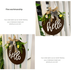 Dark Blue Rustic 'Hello' Welcome Sign - Farmhouse Round Wooden Wreath for Front Door Decor - Image 3