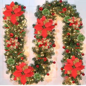 Red Festive Pre-Lit Christmas Garland - 2.7M / 9FT Holiday Decoration with Warm LED Lights, Poinsettias & Berries