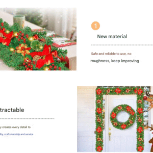 Red Festive Pre-Lit Christmas Garland - 2.7M / 9FT Holiday Decoration with Warm LED Lights, Poinsettias & Berries - Image 3