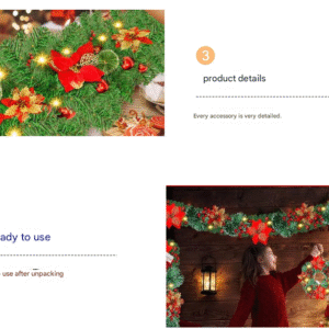 Red Festive Pre-Lit Christmas Garland - 2.7M / 9FT Holiday Decoration with Warm LED Lights, Poinsettias & Berries - Image 4