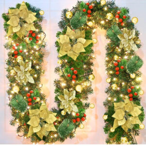 Gold Festive Pre-Lit Christmas Garland - 2.7M / 9FT Holiday Decoration with Warm LED Lights, Poinsettias & Berries - Image 1