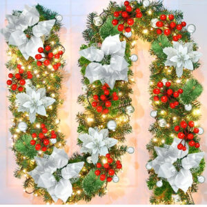 Silver Festive Pre-Lit Christmas Garland - 2.7M / 9FT Holiday Decoration with Warm LED Lights, Poinsettias & Berries - Image 1