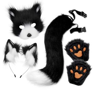 Black and white Halloween Furry Fox Costume Set - Plush Mask, Ears Headband, Tail, and Paws for Cosplay - Image 1