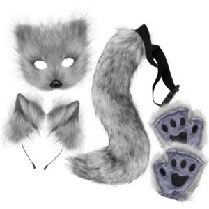 Dark grey Halloween Furry Fox Costume Set - Plush Mask, Ears Headband, Tail, and Paws for Cosplay - Image 1