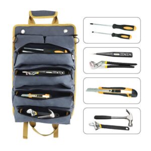 Black Heavy-Duty Roll-Up Tool Bag Organizer - Waterproof 1200D Fabric with 6 Pockets & Detachable Pouches - Image 4