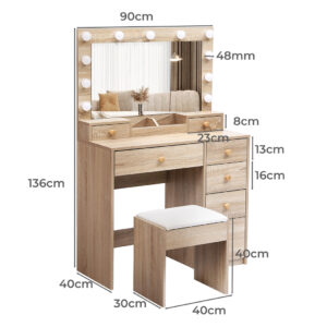 Levede Dressing Table Stool Set Oak - Image 3