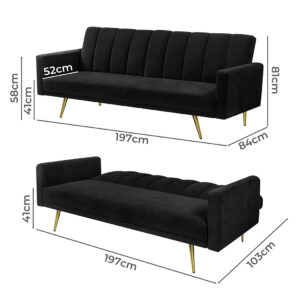 Levede Sofa Bed Convertible Velvet Lounge Recliner Couch Sleeper 3 Seater Black - Image 3